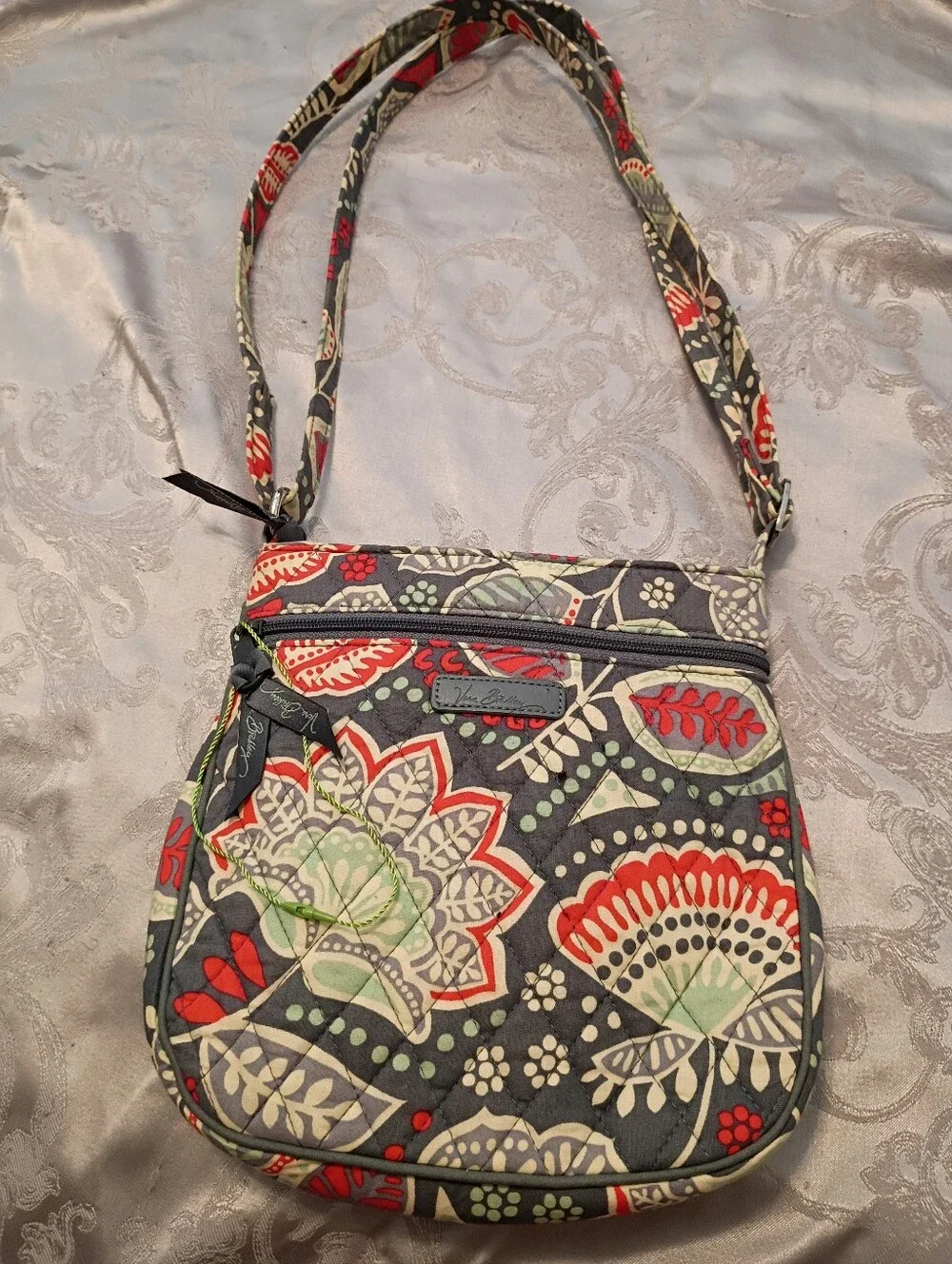 Vera Bradley Quilted Crossbody in Dark Gray, Orange, Mint Green and Cream Floral